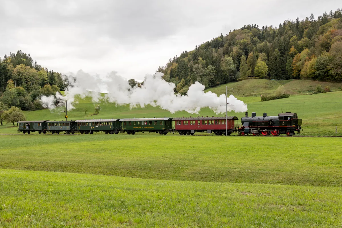 Hier die beeindruckende Dampflok Eb 3/5 9 vom DVZO mitten in der Natur, wenn auch auf Gleisen. Ein Oldtimer-Zug fährt durch eine Landschaft.